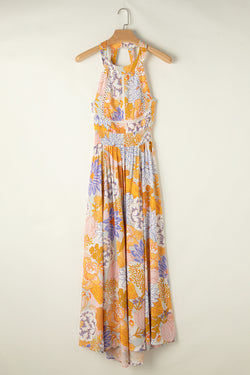 Long floral bohemian dress bare back with orange sleeveless laces