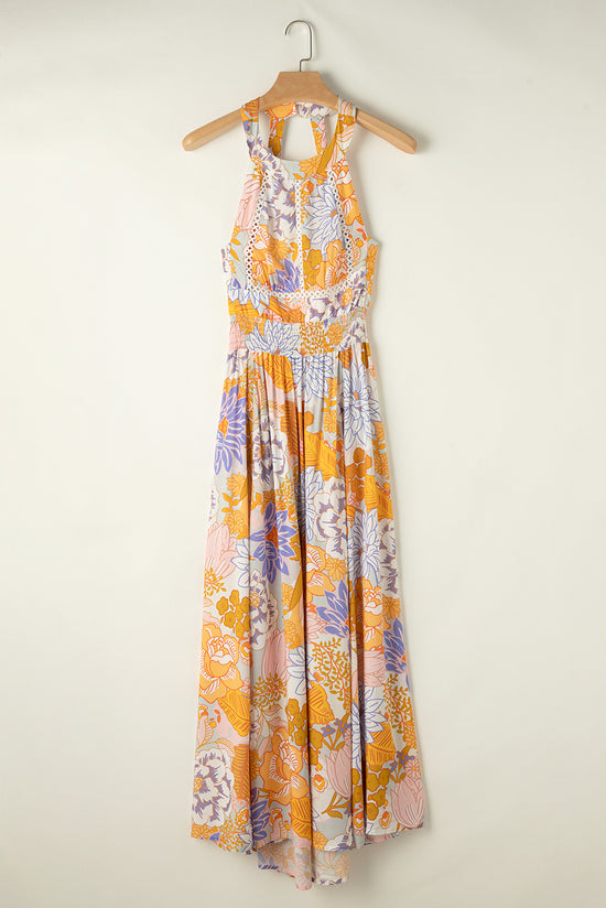 Long floral bohemian dress bare back with orange sleeveless laces