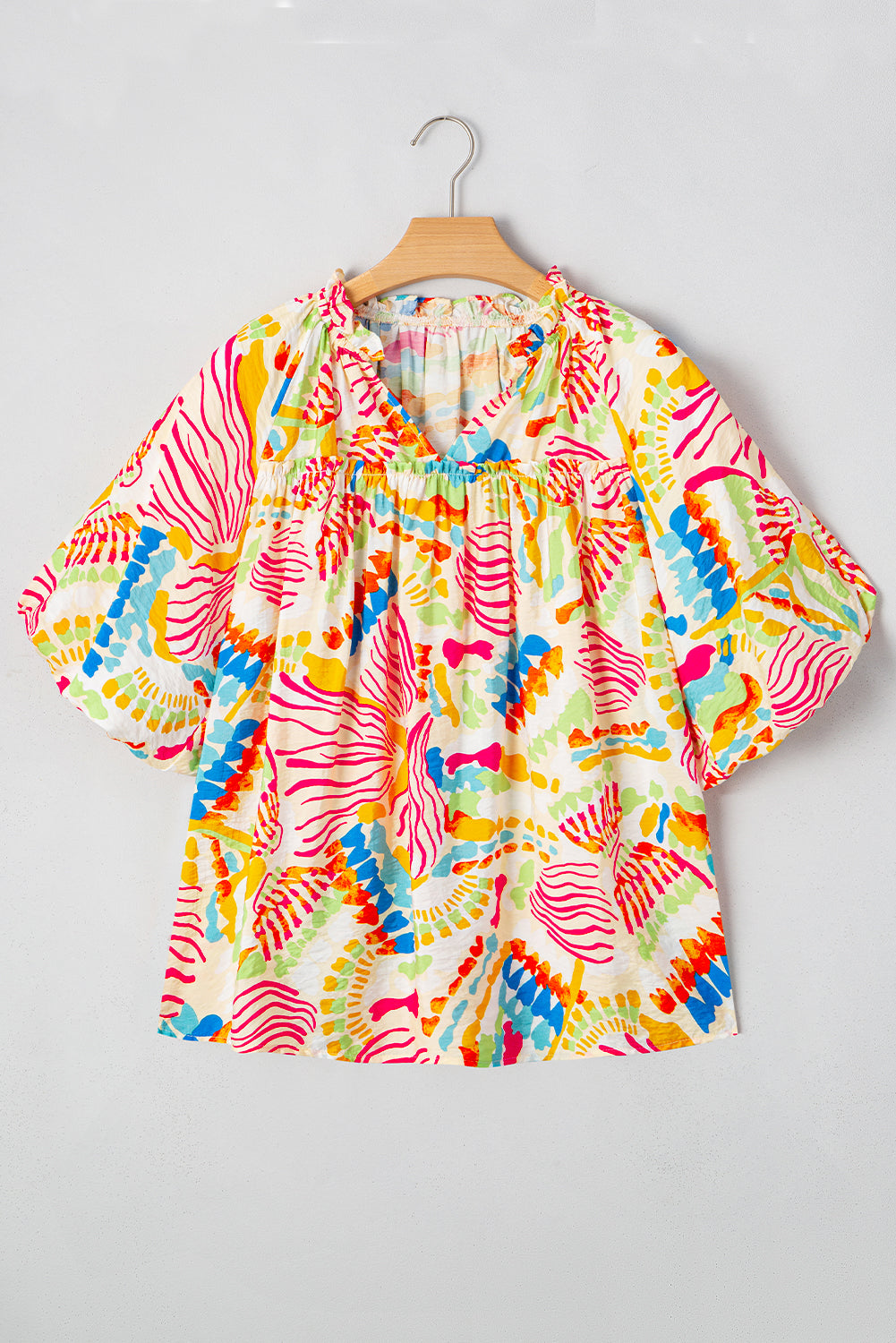 Chemisier orange imprimé abstrait froncé à manches mi-longues et col en V-A WOMAN WE LOVE