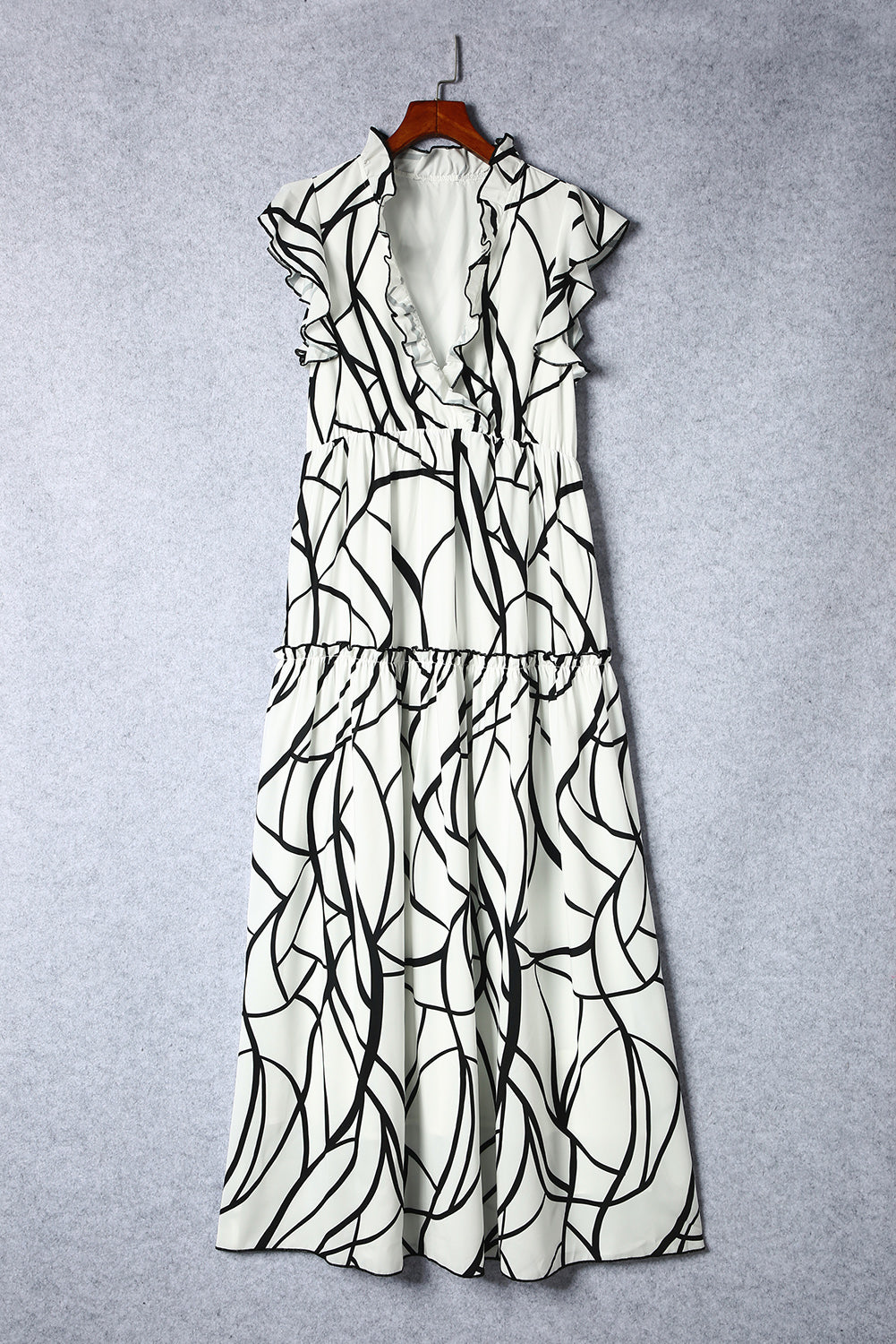 Blanc Abstract Vein Print V Neck Ruffle Maxi Robe