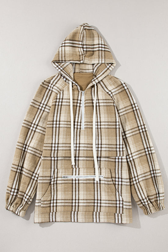 Khaki printed checkered hoodie with zipper on the front