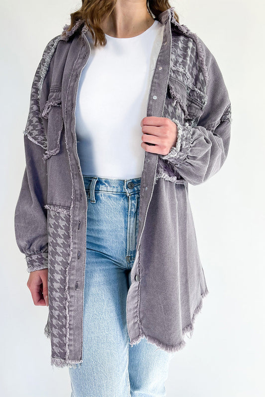 Medium grau Retro Distressed Houndstooth Patchwork Denim Jacke