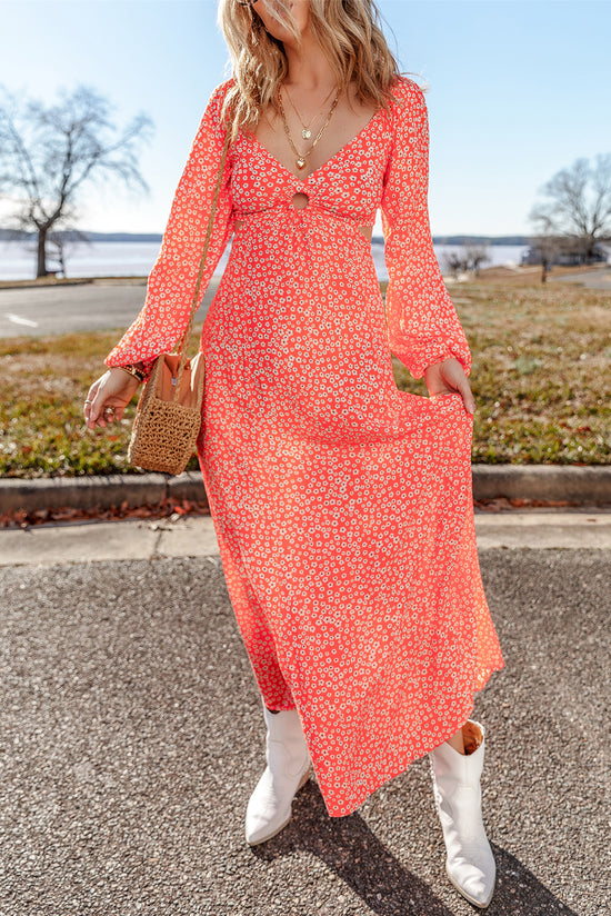 Red floral dress with long puff sleeves and v-neck