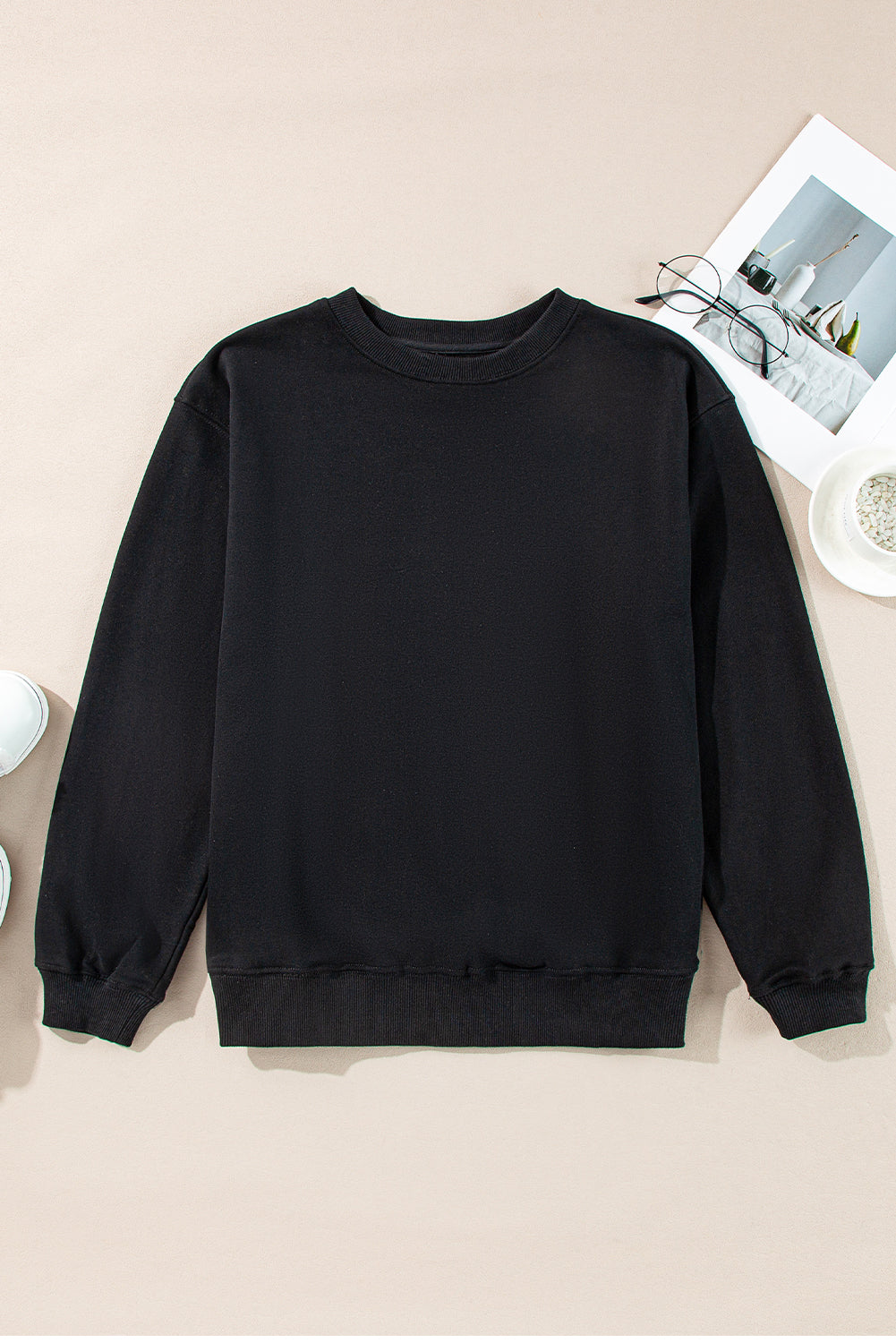 Black Plain Drop Shoulder Crewneck Pullover Sweatshirt