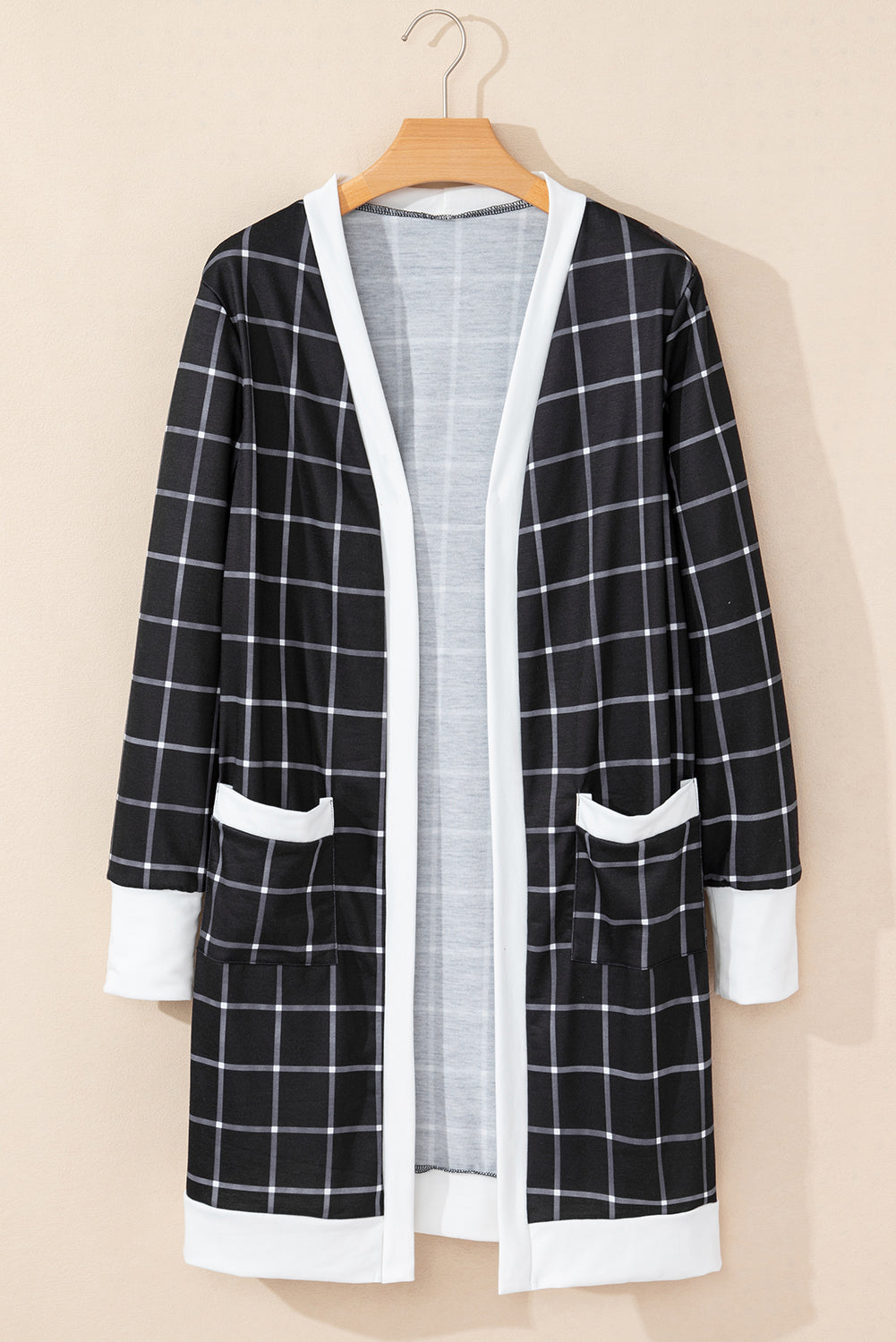 Cardigan ouvert à carreaux noirs avec bords color block et poche-A WOMAN WE LOVE