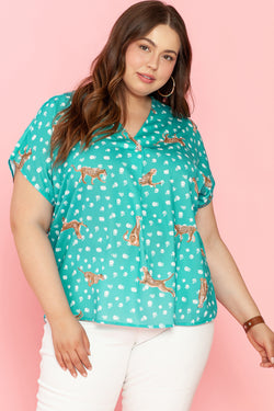 Green Cheetah Print Short Sleeve V-Neck Top