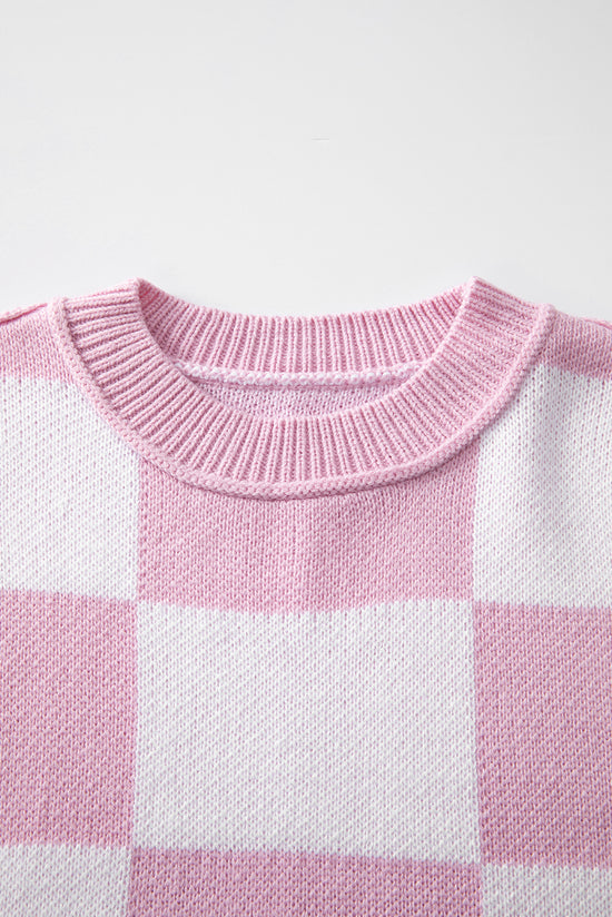 Pink plaid sweater with bishop sleeves