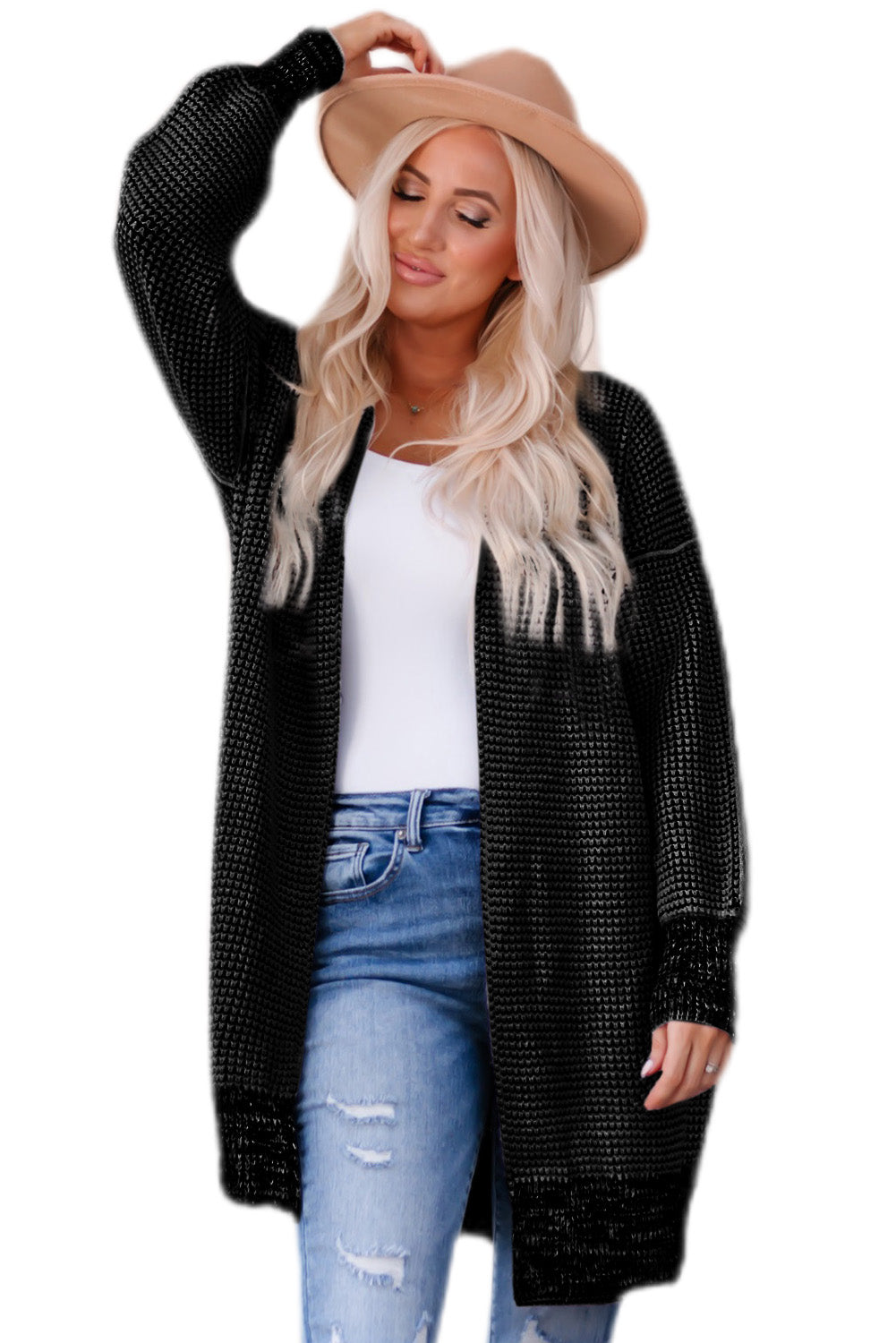 Black Plaid Knitted Long Open Front Cardigan