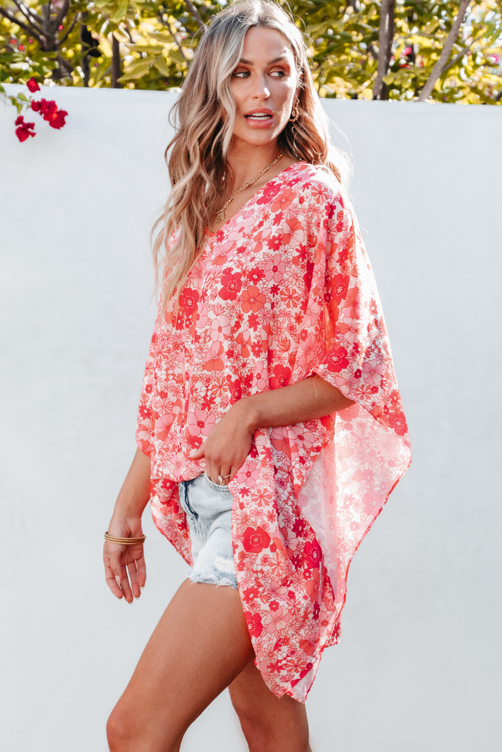 Chemisier de style kimono floral Boho Pink Boho