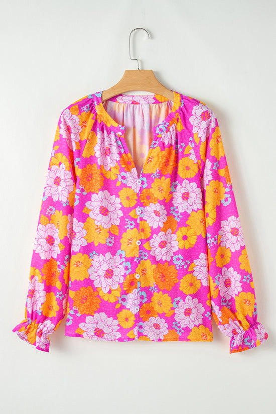 Crown neck blouse and flushed sleeves with pink floral print