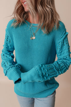 Turquoise bubble sleeve sweater with ruffled eyelets