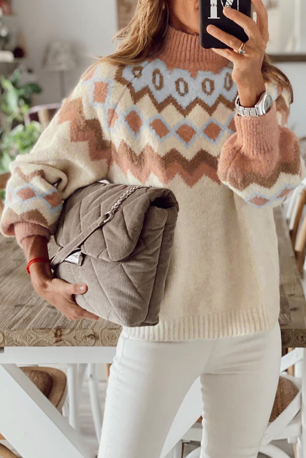 Khaki Geometrisches Muster Rippen -Trimmpullover hoher Nackenpullover