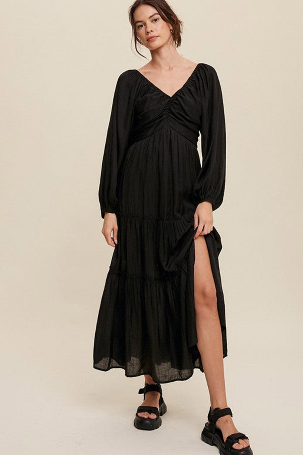 Black V Neck Bowknot Coupte Frill Tiered Maxi Robe