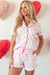 Pink pajama set printed bow tie with short sleeves and ruffle shorts for Valentine's Day