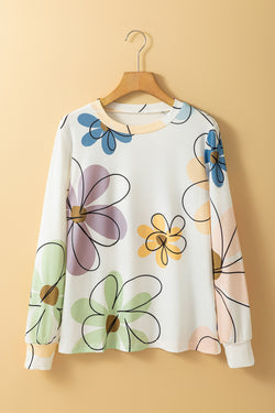 Beige long sleeve round neck t-shirt with floral print