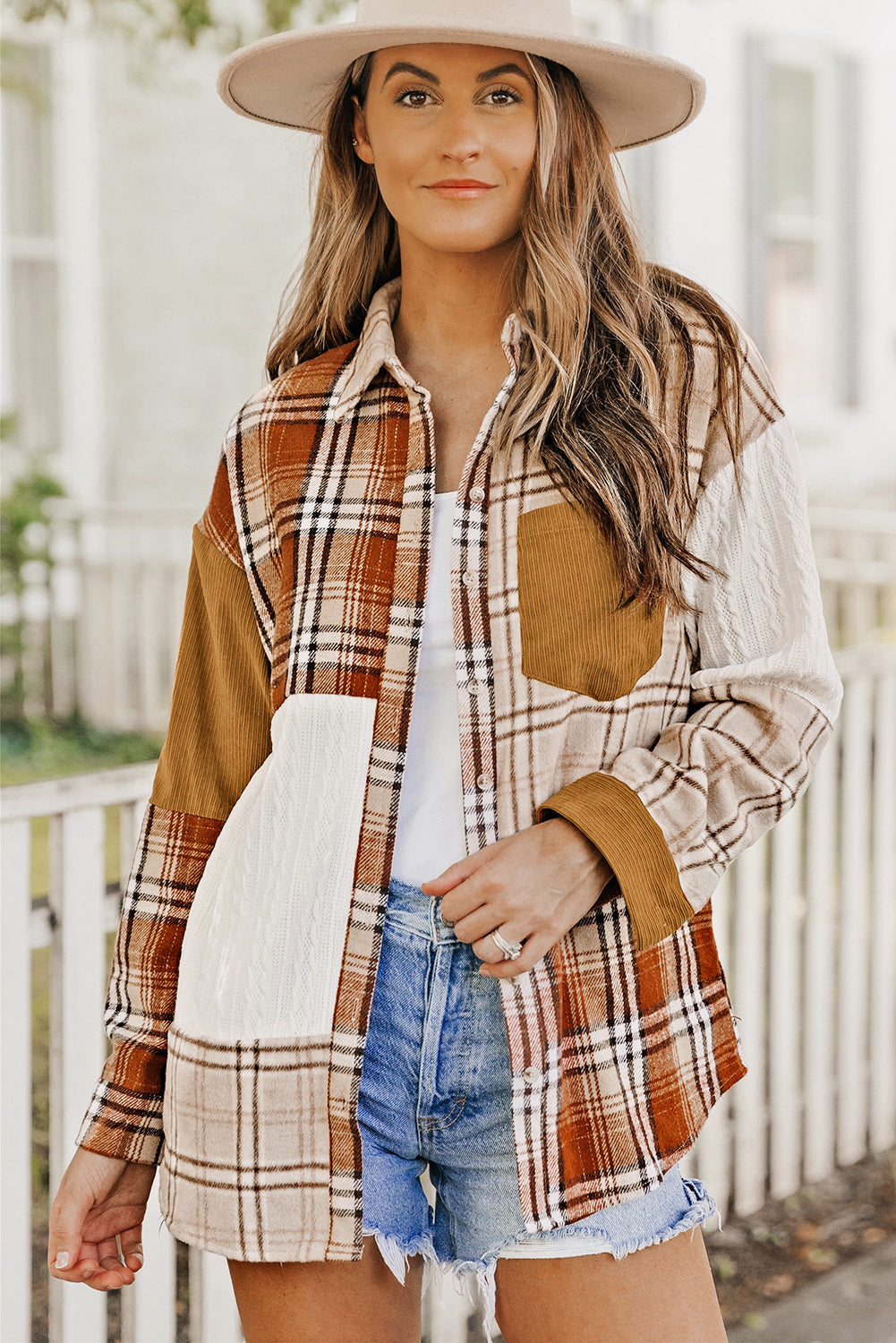 Veste chemise patchwork à carreaux orange avec poche