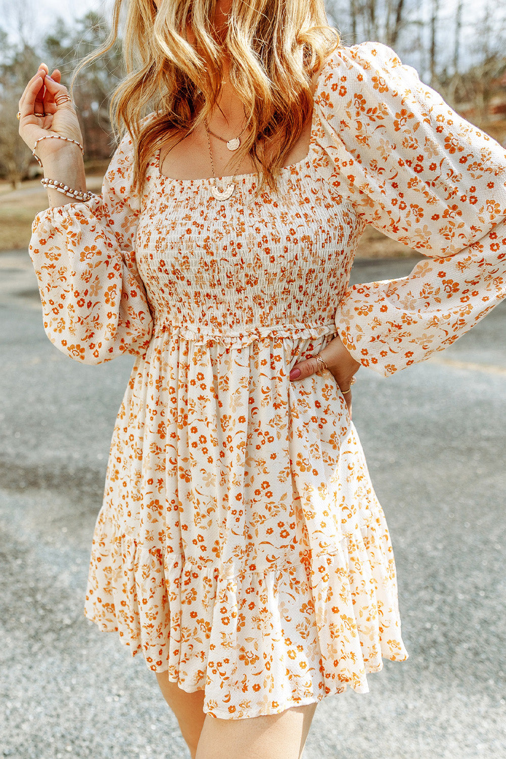 Apricot smocked puff sleeve floral bohemian mini dress