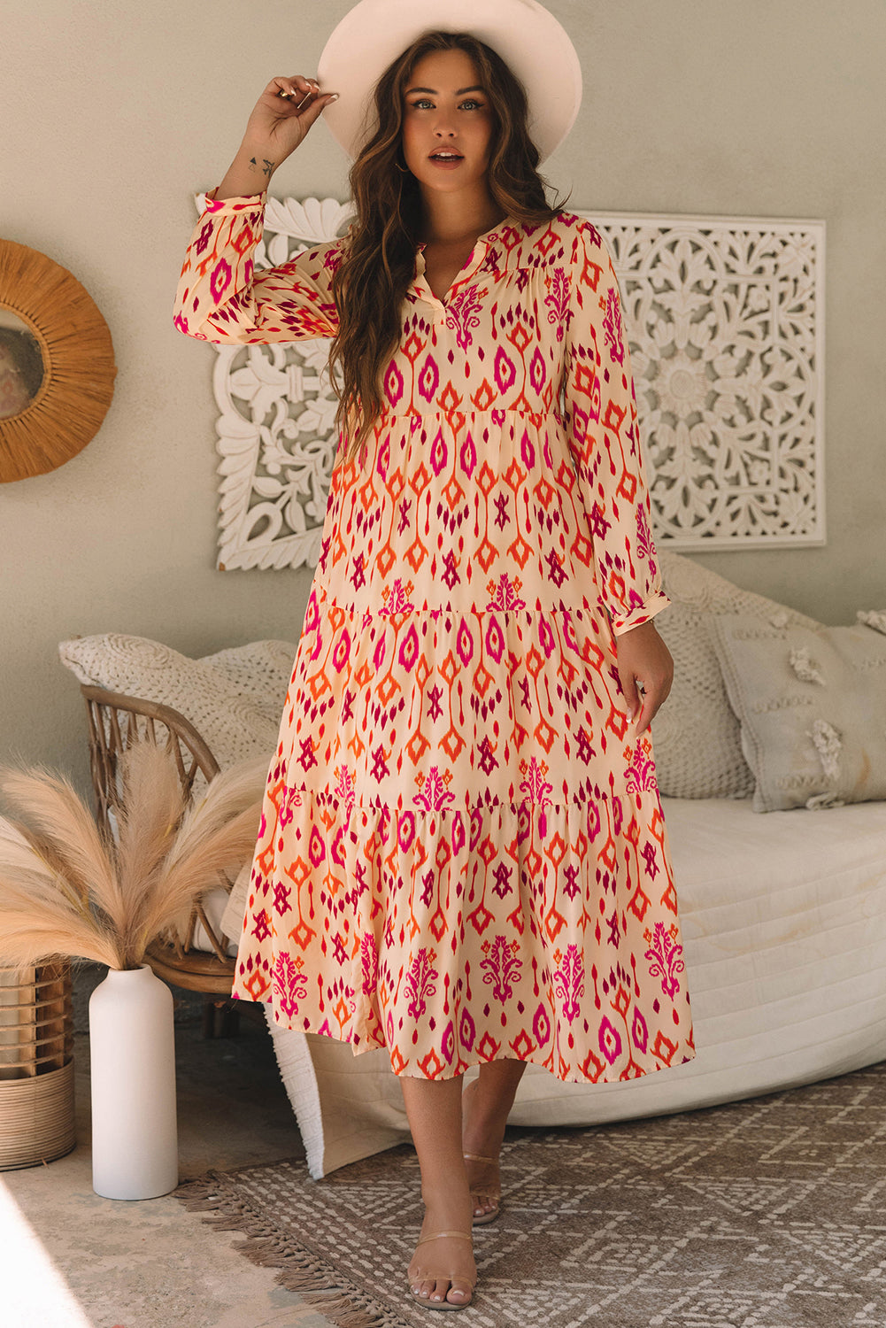 Robe longue orange à imprimé géométrique abstrait western
