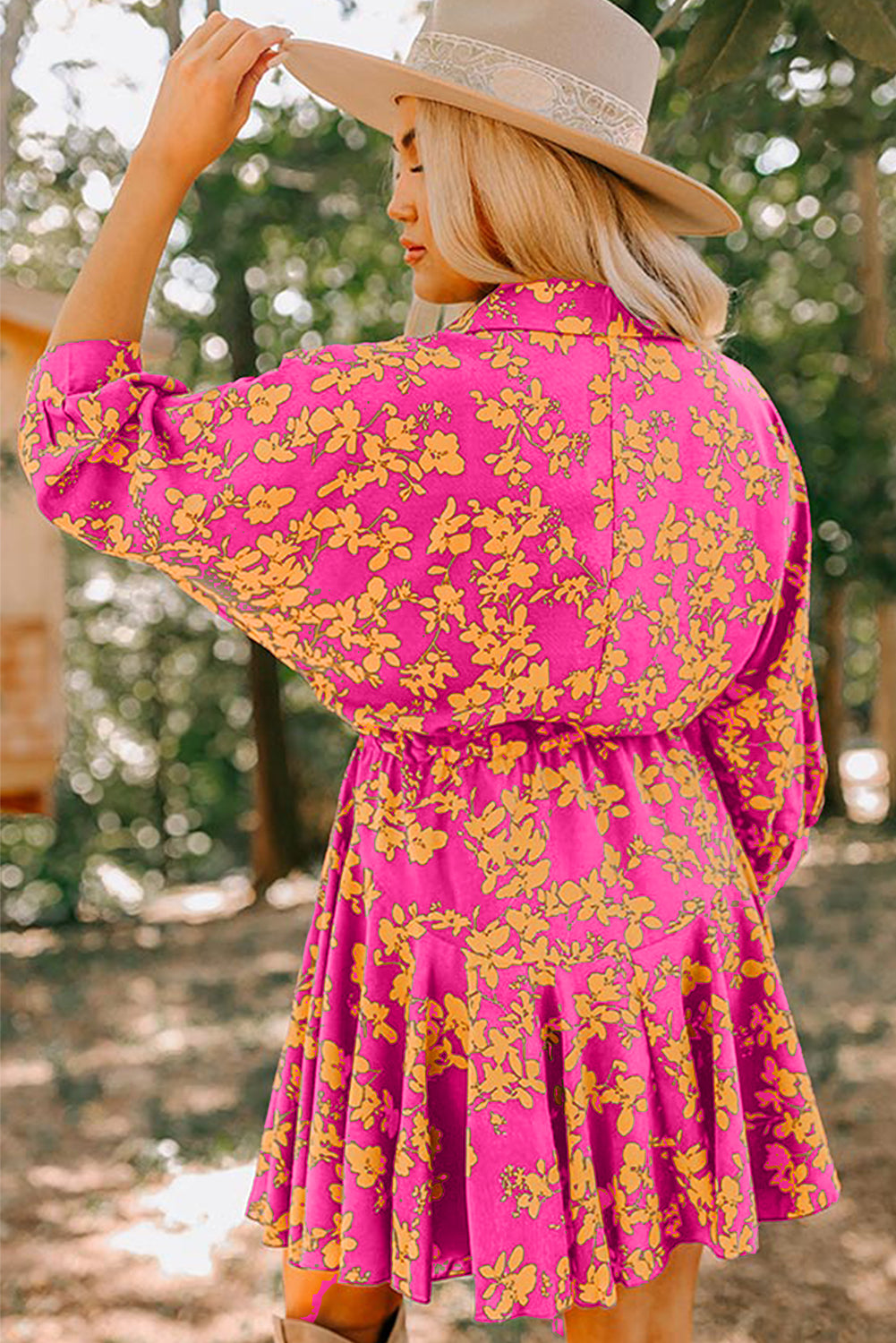 Robe courte fluide tunique à cordon de serrage imprimé floral rose