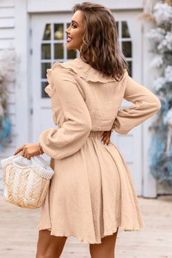 Khaki Textured Ruffle V-Neck High Waist Mini Dress