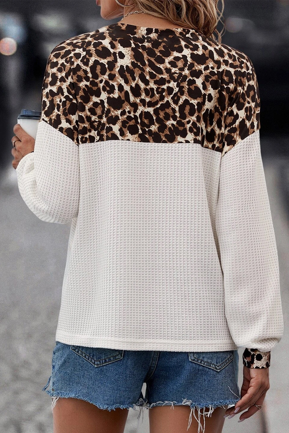 White Leopard Waffle Knit Patchwork Button V Neck