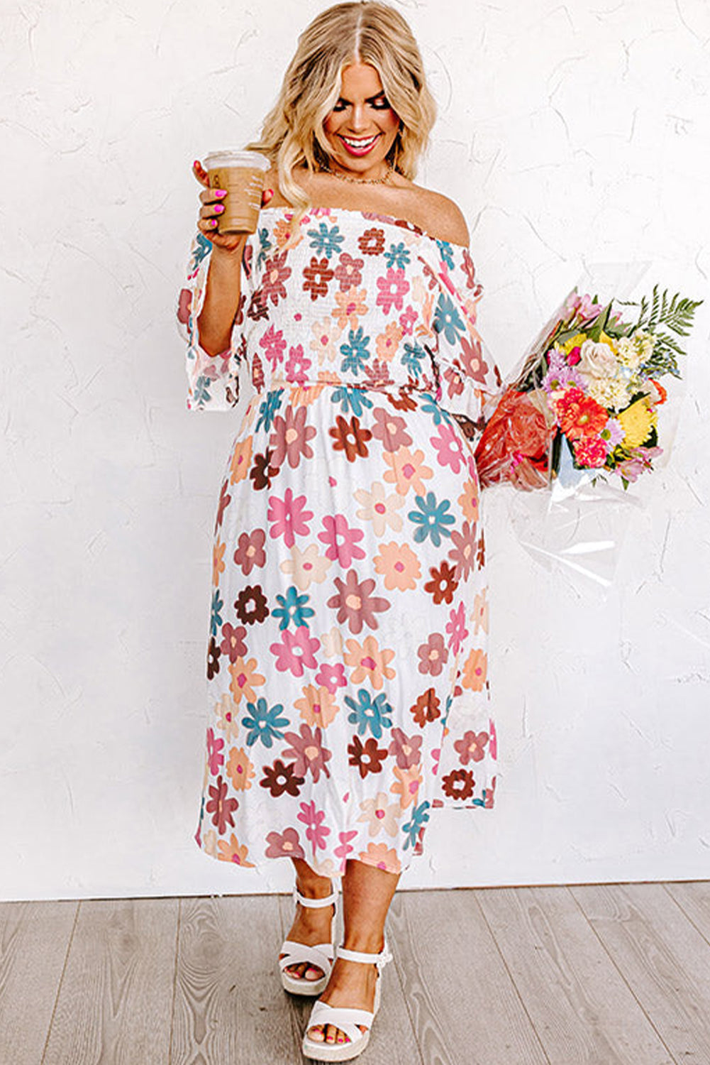 Vestido de hombro con estampado de flores de talla grande de talla grande