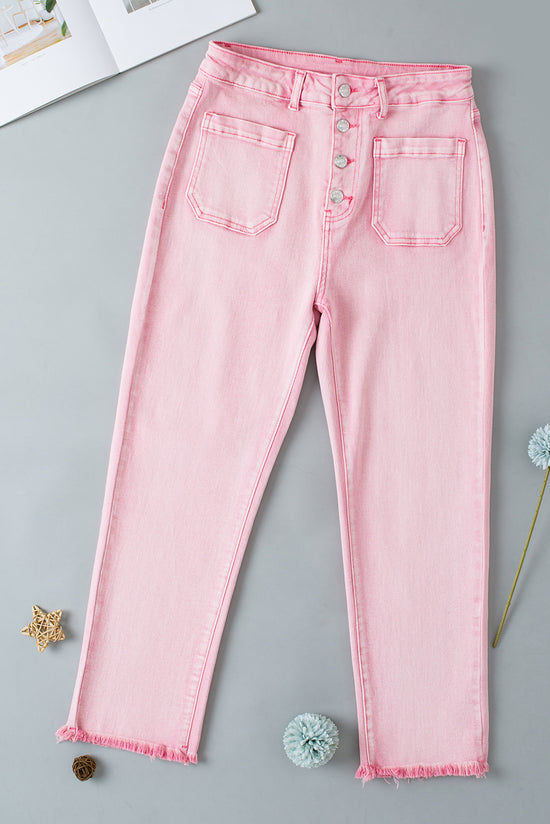 Jeans de la corte con bordes de albaricoque rosa crudo con varios botones