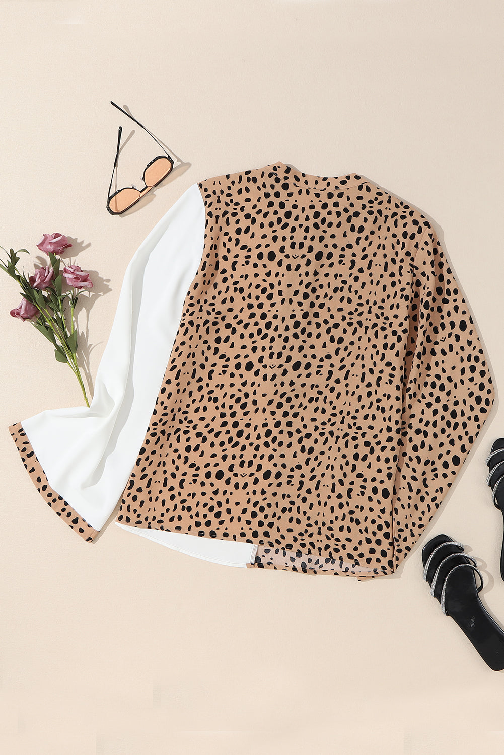 Khaki Leopard Kontrast Halbknopf Casual Bluse