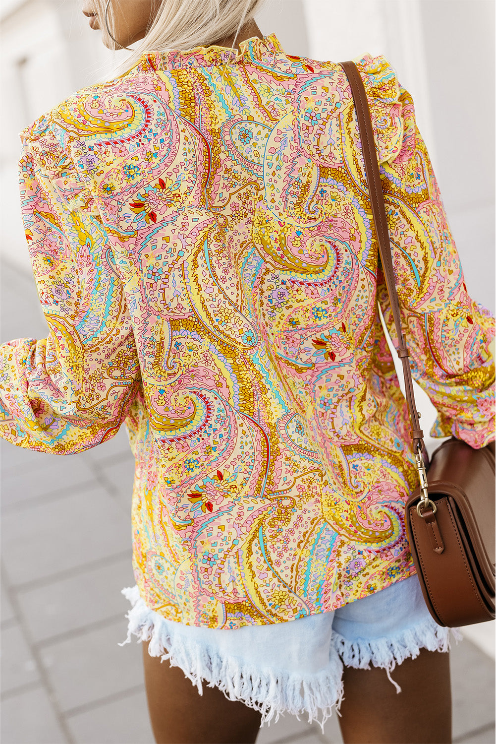 Jaune Paisley Print Ruffled Trim Boho Shirt