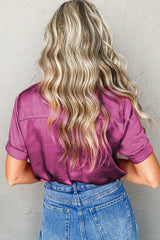 Chemise en satin à manches courtes et poignets repliés rose rouge-A WOMAN WE LOVE