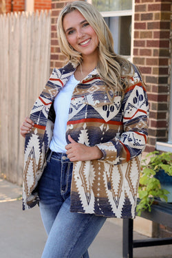 Oversized buttoned jacket with multi-colored Aztec print