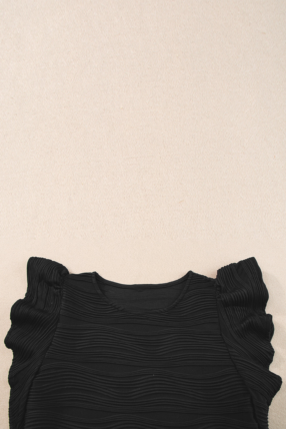 Black Wavy Textured Ruffle Sleeve Top