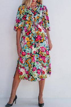 Green Floral Puff Sleeve V-Neck Dress with Drawstring and Tassels