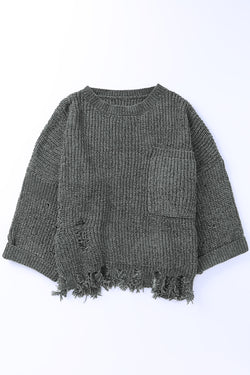 Pull épais gris déchiré à ourlet brut