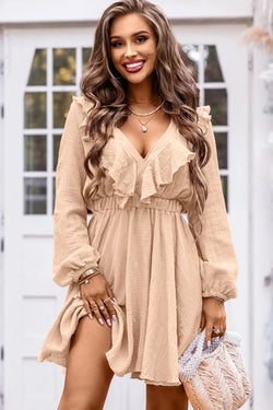 Khaki Textured Ruffle V-Neck High Waist Mini Dress