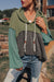 Laurel Green Mixed Textured Color Patchwork Frayed Wide Sleeve High Low Hoodie Top