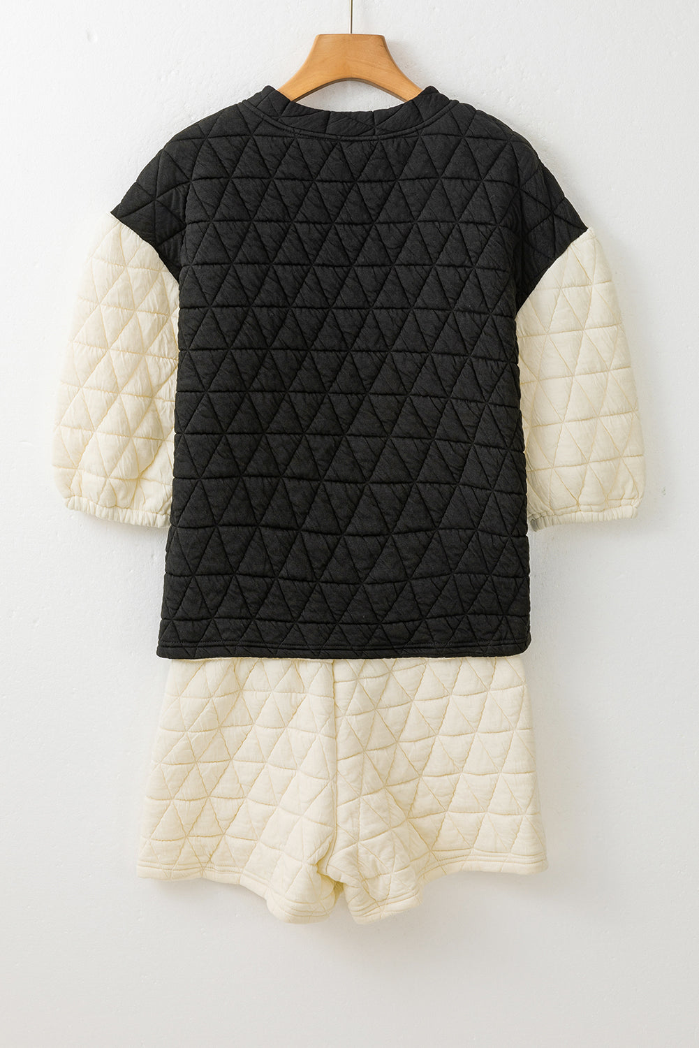 Black Color Block 3/4 Sleeve Quilted Top and Shorts Set