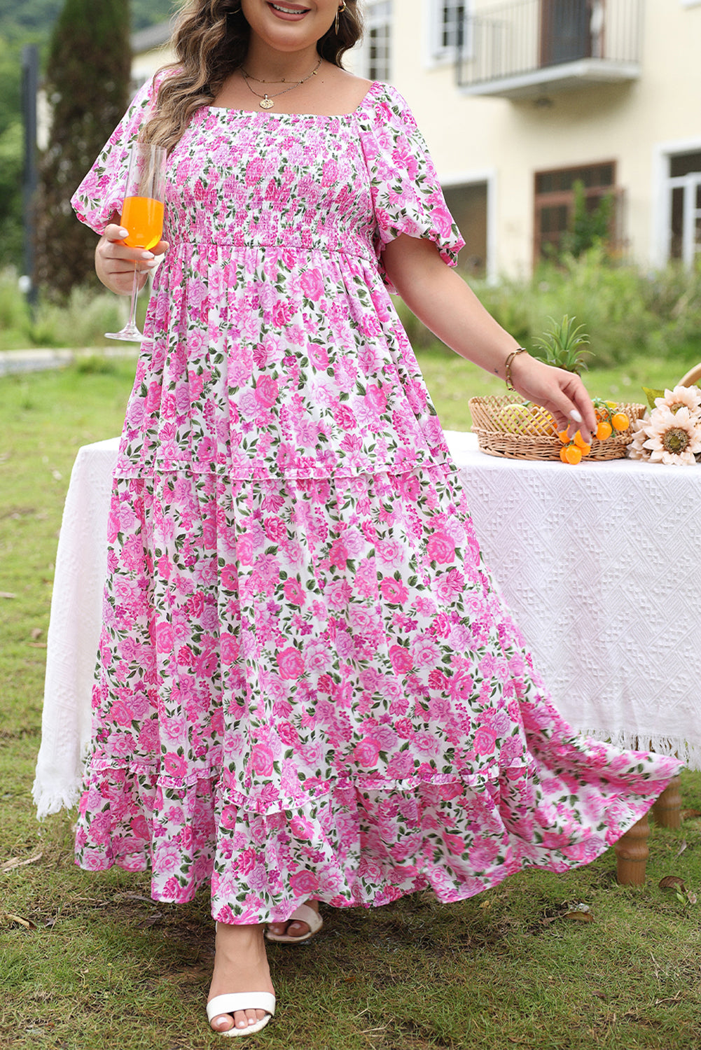 Pink Plus Size Blumendruck Smocked Puffärmel Kleid