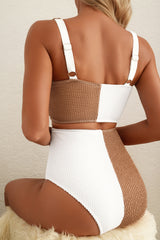 Maillot de bain bikini blanc à cordons et col carré bicolore