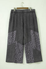 Pantalon large gris foncé délavé grande taille à empiècements léopard