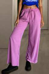 Pink Plaid Printed Drawstring High Waist Wide Leg Casual Pants