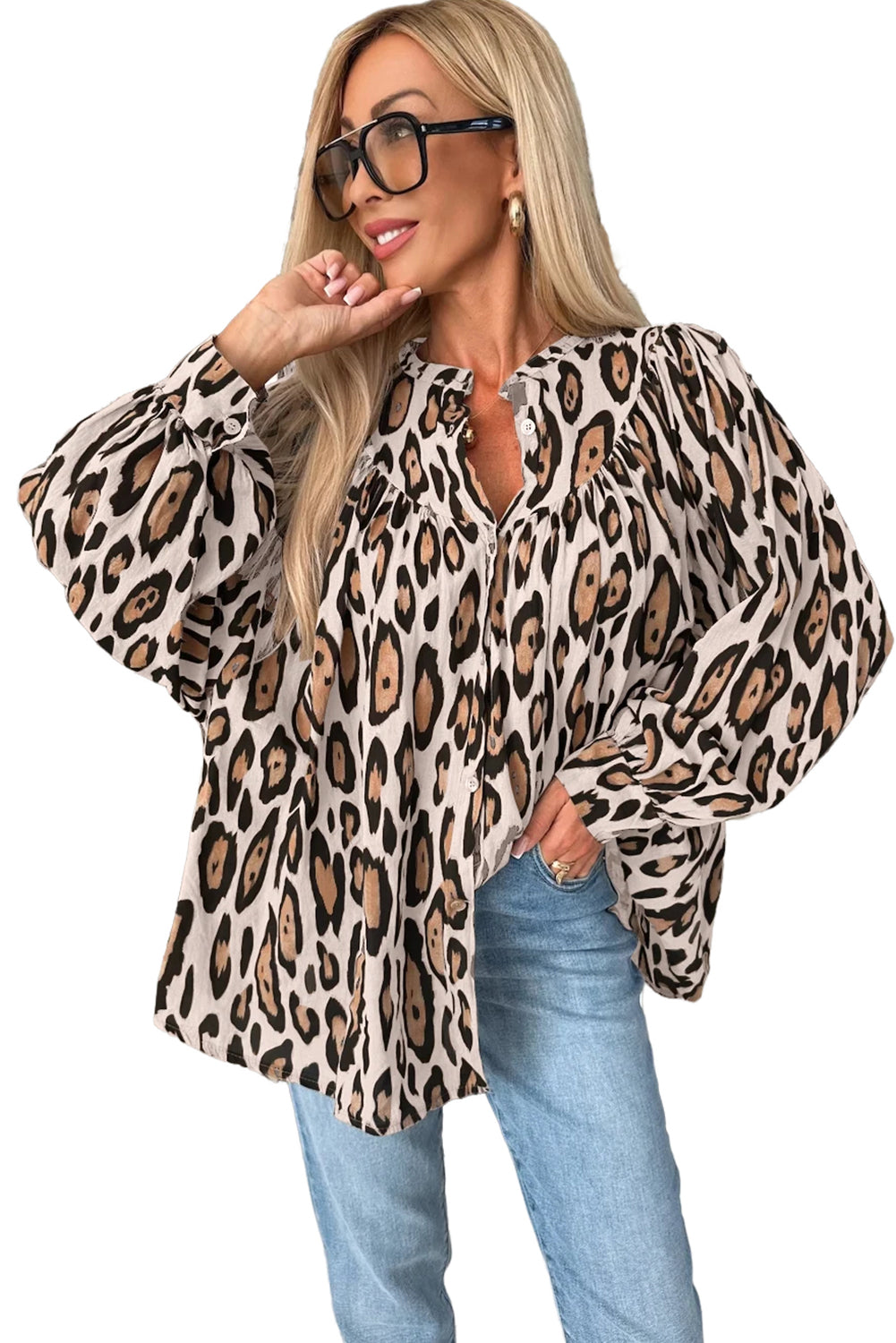 Jet Stream - Diminited relaxed shirt with leopard print and ball sleeves