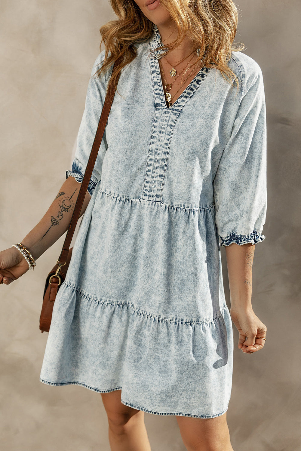 Dusk Blue Acid Wash Retro Robe en jean évasé à manches demi-manches