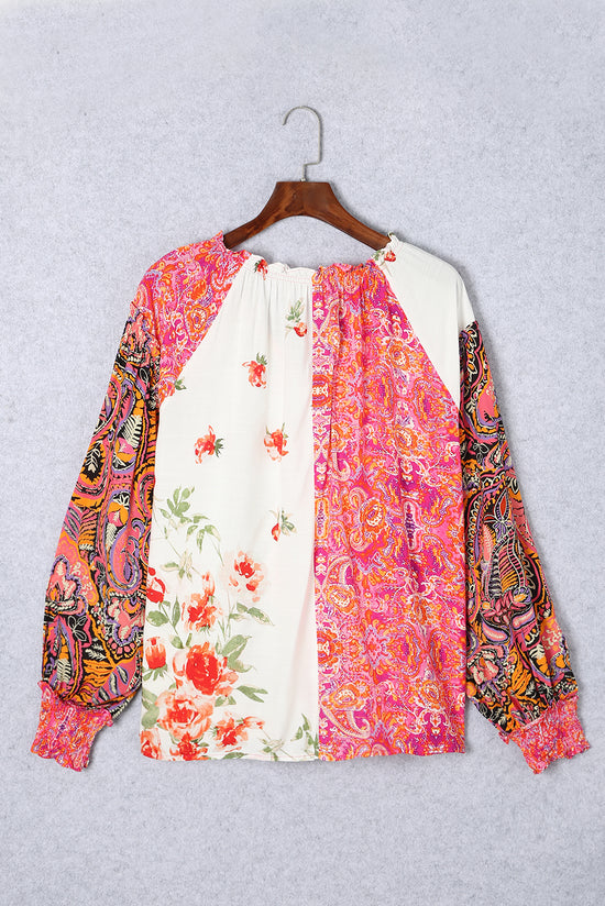 Boutonnate Blusa en V -Collar y multicolor de mosaicos florales