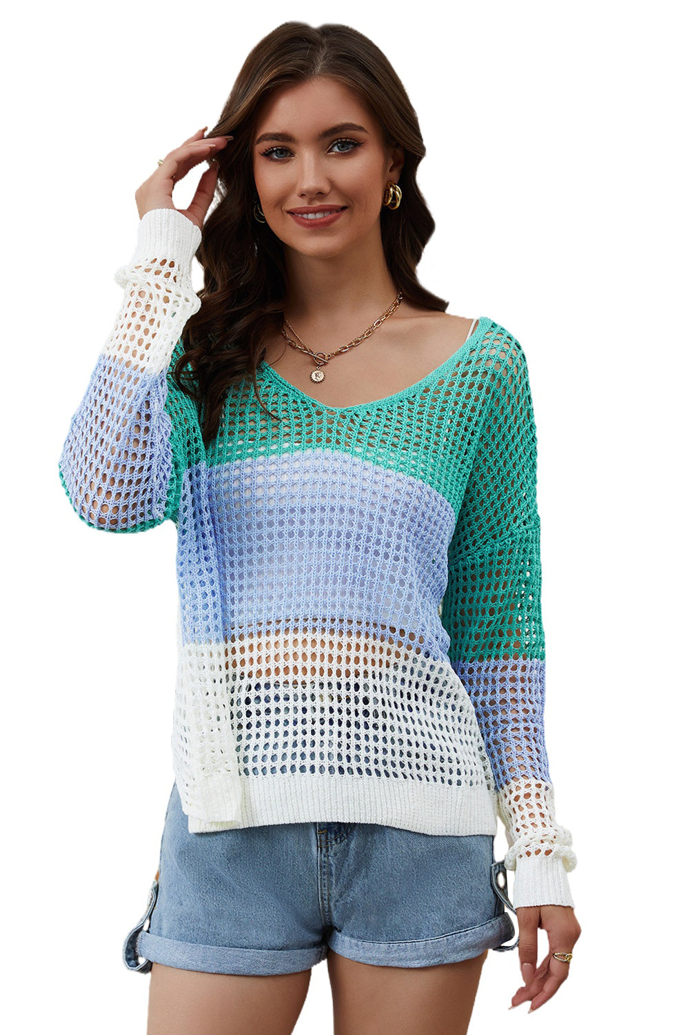 Green Multicolor Color Block Eyelet Long Sleeve Twisted Back Knit Top