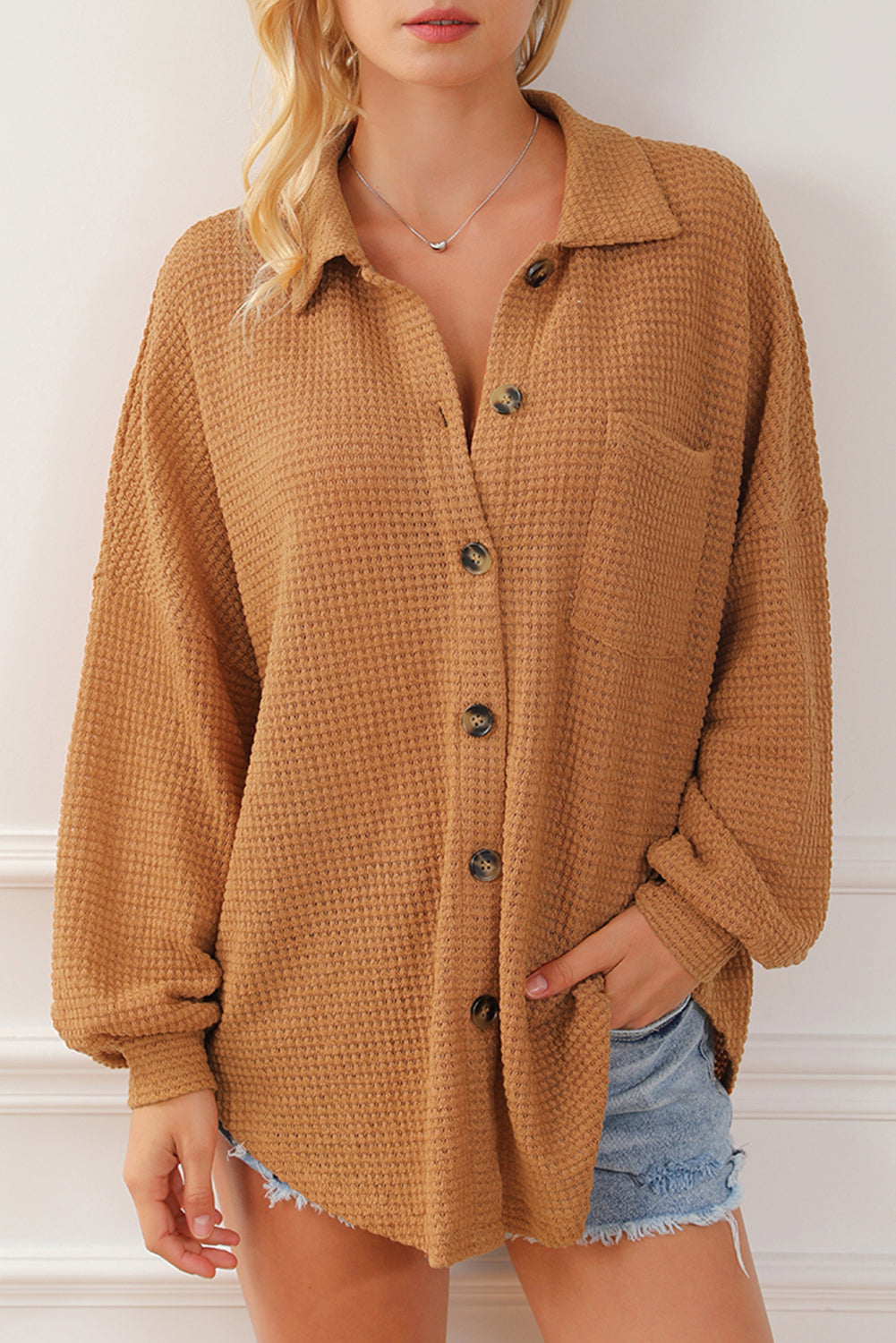 Camicia casual a maglia waffle marrone