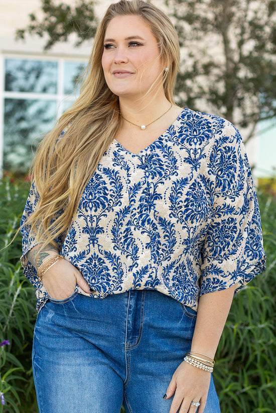 Plus Size Ethnic Print Loose Blouse with 3/4 Sleeves and V-Neck in Blue