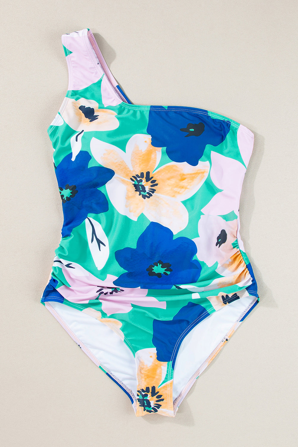 Estampado floral verde Ruchado cortado un hombro monokini