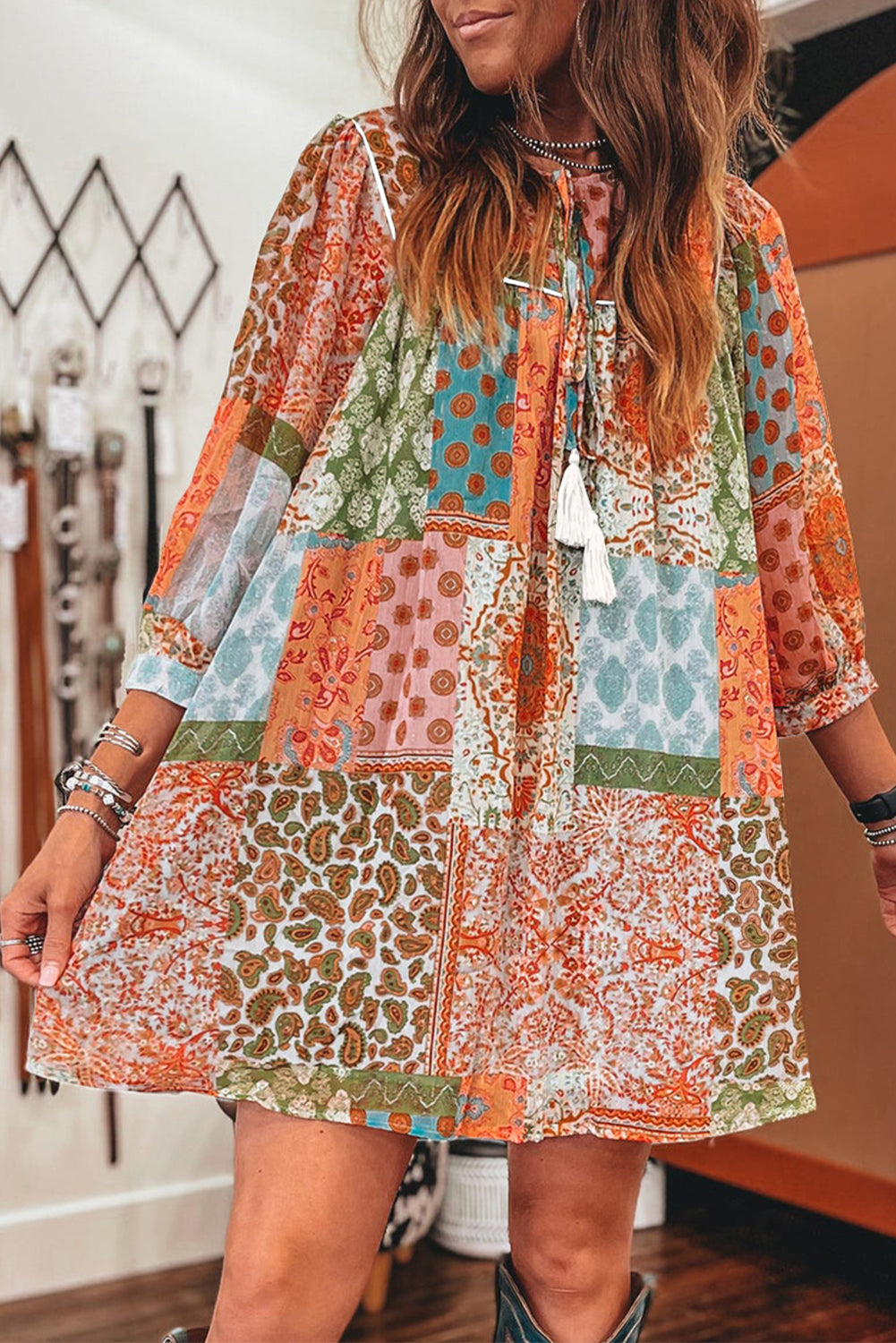 Naranja boho paisley estampado mixto 3/4 manga de manga vestido suelto