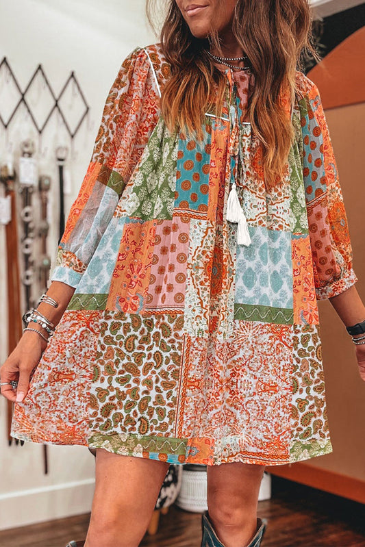 Orange Boho Paisley gemischter Druck 3/4 Ärmel Chiffon Lose Kleid